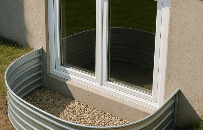 Basement egress window with a clean metal well and proper drainage - safe, code-compliant, and bright.
