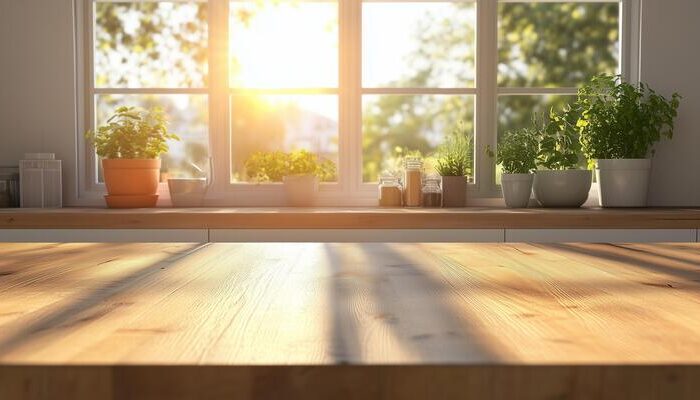 A wide kitchen window flooding the room with sunshine, framed by pots of basil, mint, and other greenery for a fresh start to the day.